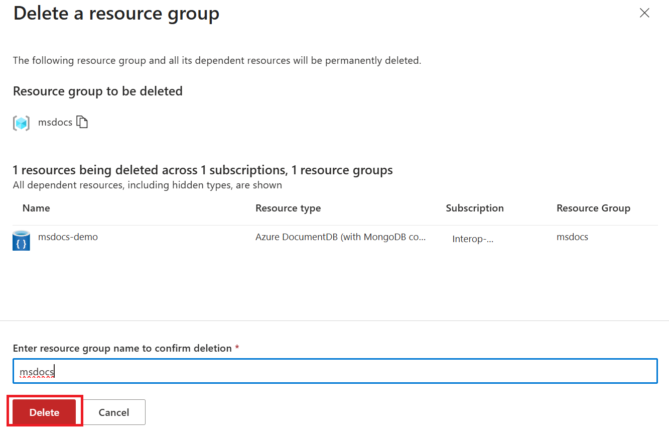 Captura de ecrã a mostrar o botão de confirmação de eliminar grupo de recursos.