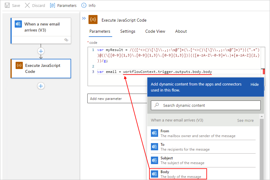 Captura de tela mostrando o fluxo de trabalho padrão, a ação Executar código JavaScript, a lista de conteúdo dinâmico e a propriedade Corpo da mensagem de e-mail selecionada.