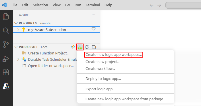 Screenshot mostra Visual Studio Code com a janela Azure, a barra de ferramentas da secção Workspace e a opção selecionada para Criar nova aplicação lógica.
