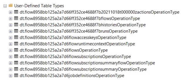 Captura de ecrã mostra tipos de tabelas SQL definidas pelo utilizador criadas pelo tempo de execução Azure Logic Apps de inquilino único.