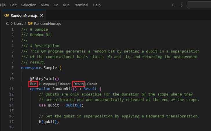 Captura de tela do Q# arquivo mostrando Visual Studio Code onde encontrar a lente de código com comandos run e debug.