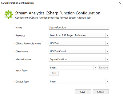 Configuração de funções C# no Visual Studio do Stream Analytics