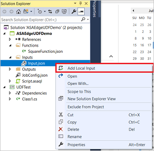 Adicionar entrada local ao trabalho do Stream Analytics no Visual Studio