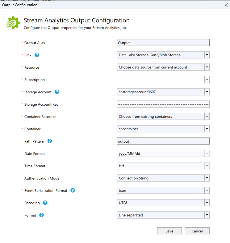 Captura de tela mostrando a página Configuração de saída do Stream Analytics.
