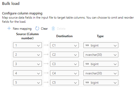 Captura de tela que mostra a configuração do mapeamento de colunas.