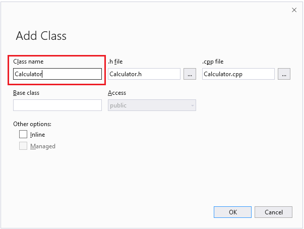 Captura de tela da caixa de diálogo Adicionar classe do Visual Studio.
