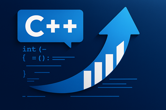 Logotipo C++ com uma seta para cima e código abstrato em um fundo azul sugerindo melhorias da atualização.
