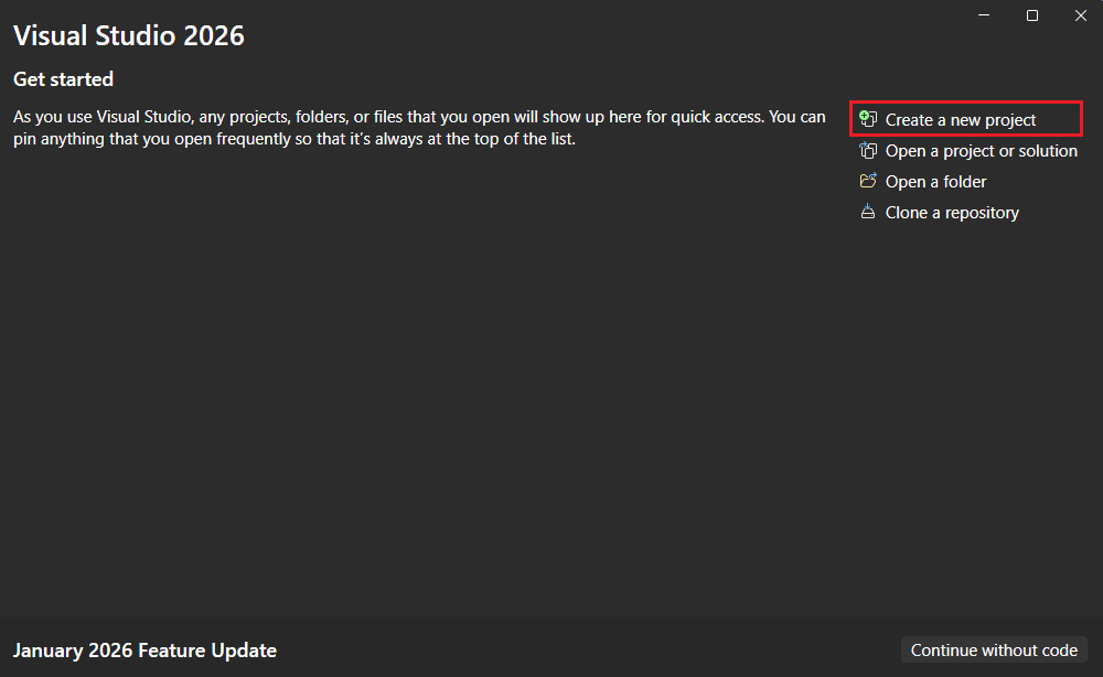Criar um novo botão de projeto selecionado na página inicial Visual Studio