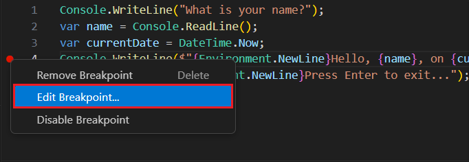 Menu de contexto de pontos de interrupção