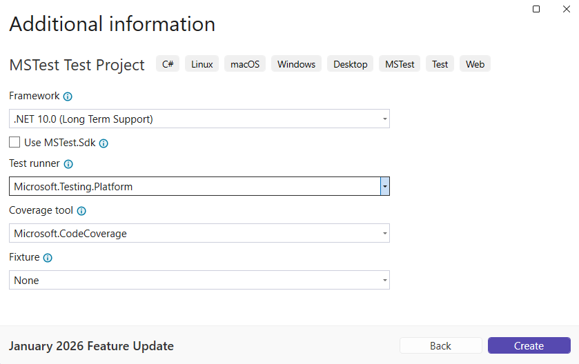 Introduza informações adicionais para o Projeto de Teste MSTest