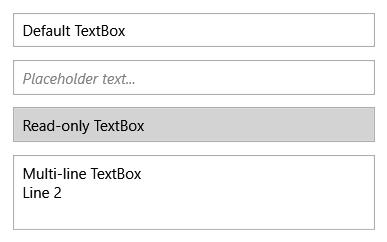 Captura de ecrã de quatro controlos TextBox a demonstrar diferentes estados.