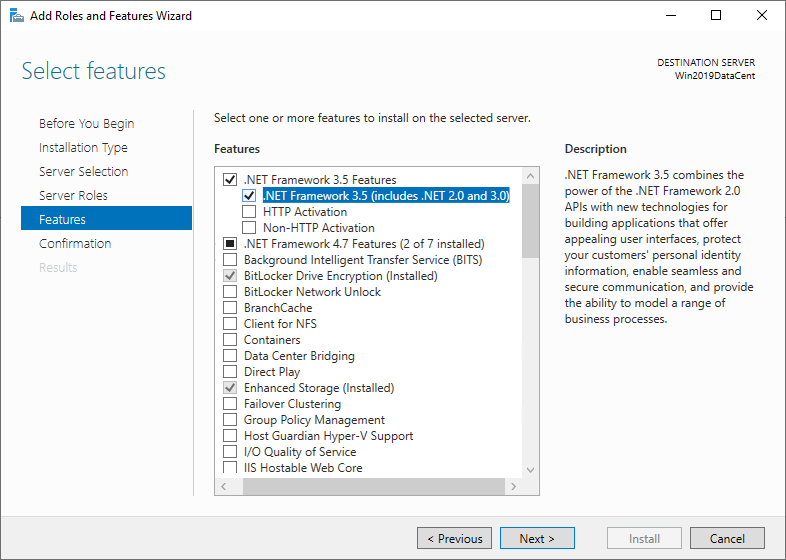 A caixa de diálogo Assistente para Adicionar Funções e Recursos do Windows Server. .NET Framework 3.5 está selecionado.