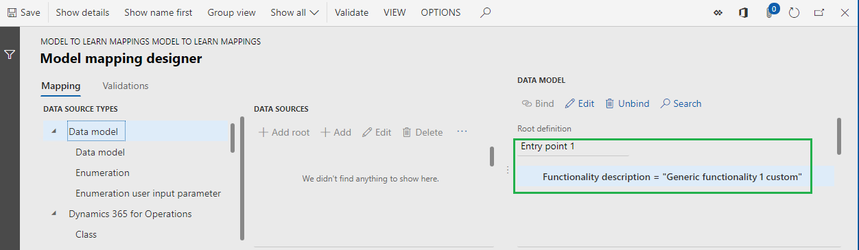 Screenshot of the ER model mapping designer page showing the Generic functionality 1 custom formula.