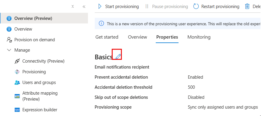 Captura de ecrã das propriedades de provisionamento.