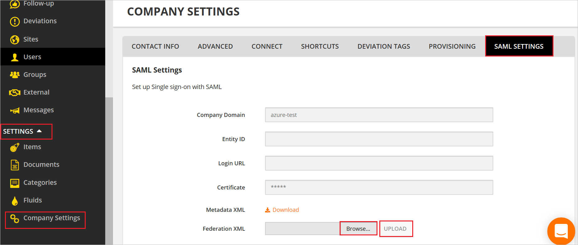 página de configurações SAML.