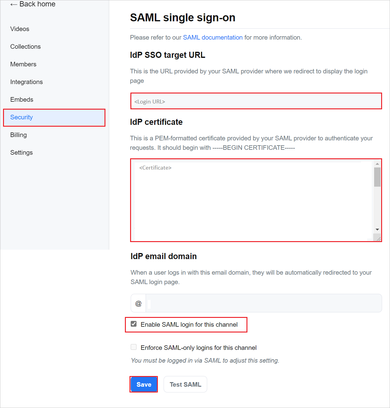 Seção de início de sessão único do SAML.