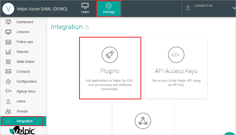 Captura de tela mostra a página Integração onde você pode selecionar Plugins.