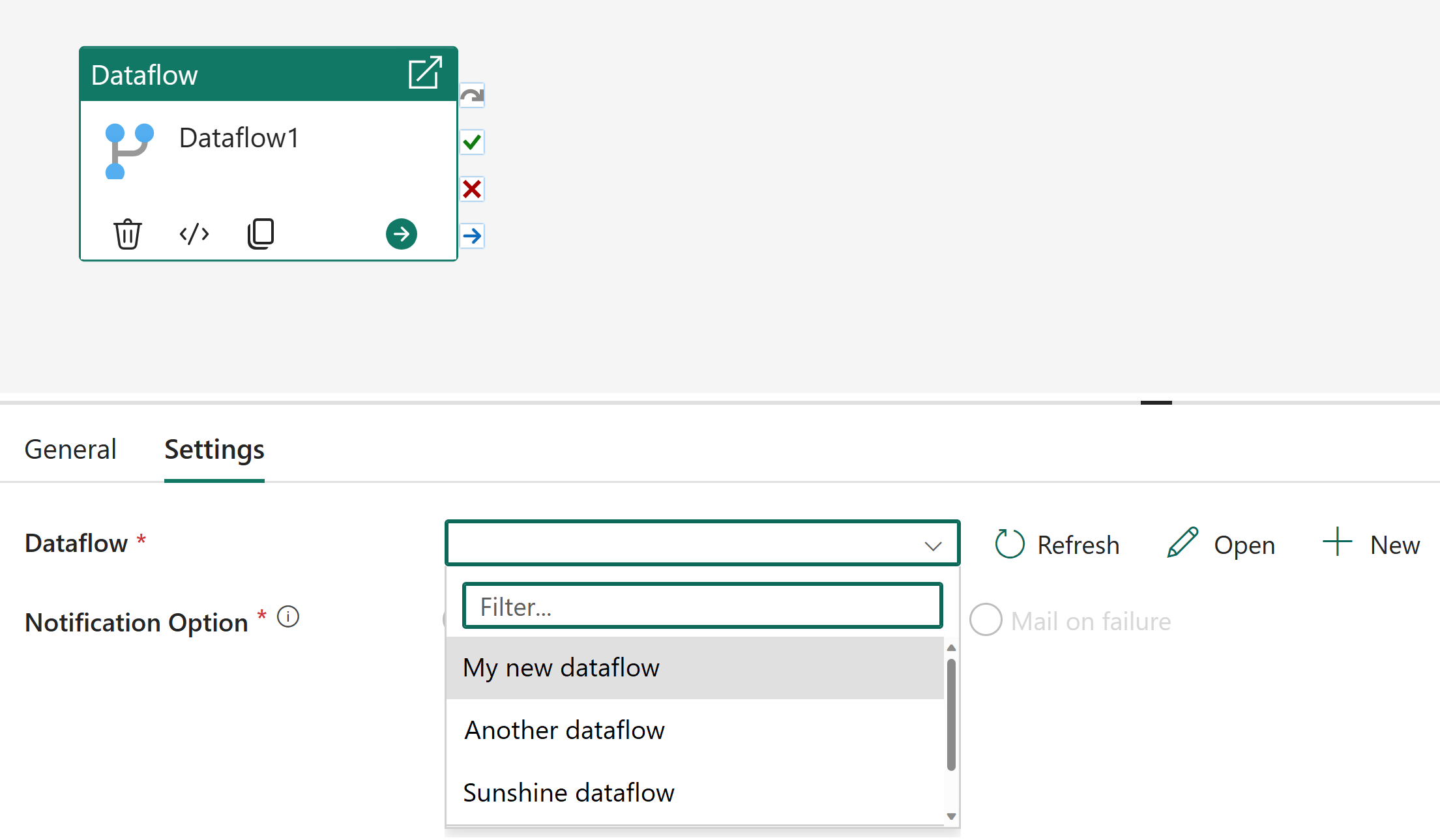 Captura de ecrã da lista pendente de fluxo de dados.