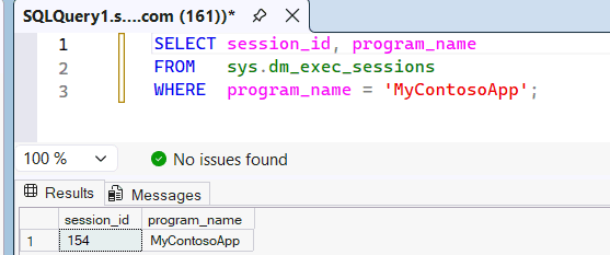 Captura de ecrã do SQL Server Management Studio mostrando os resultados da consulta no sys.dm_exec_sessions e a sessão identificada pelo nome do programa MyContosoApp.