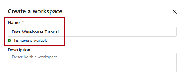 Captura de ecrã da caixa de diálogo Criar um espaço de trabalho, mostrando onde inserir o novo nome do espaço de trabalho.