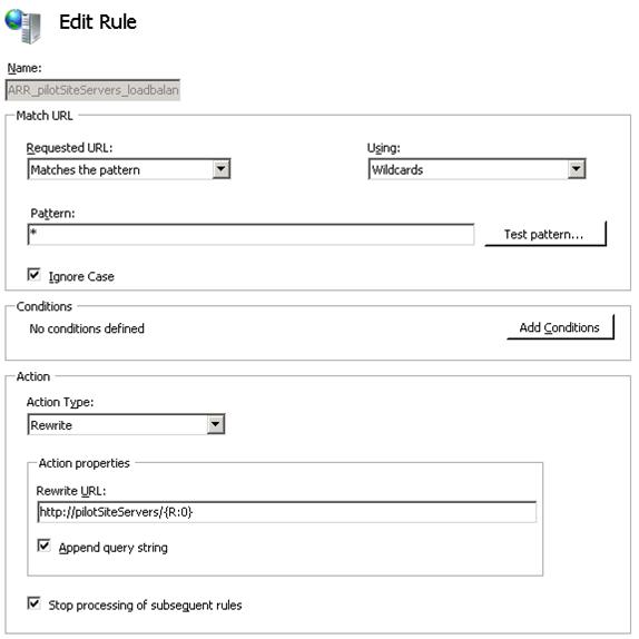 Captura de tela do painel de edição de regras para o balanceamento de carga dos servidores de site piloto do ARR com as configurações padrão selecionadas.