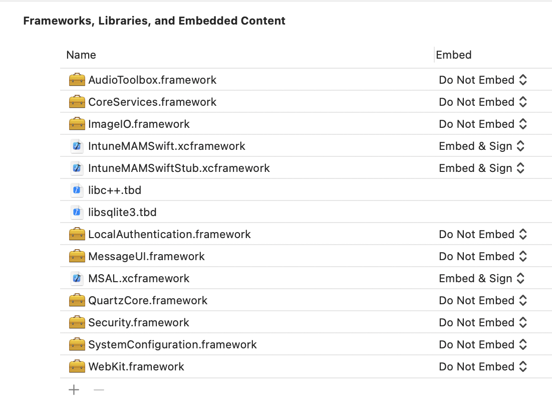 Intune SDK da Aplicação iOS Framework: Xcode Frameworks, Bibliotecas e Exemplo de Conteúdo Incorporado