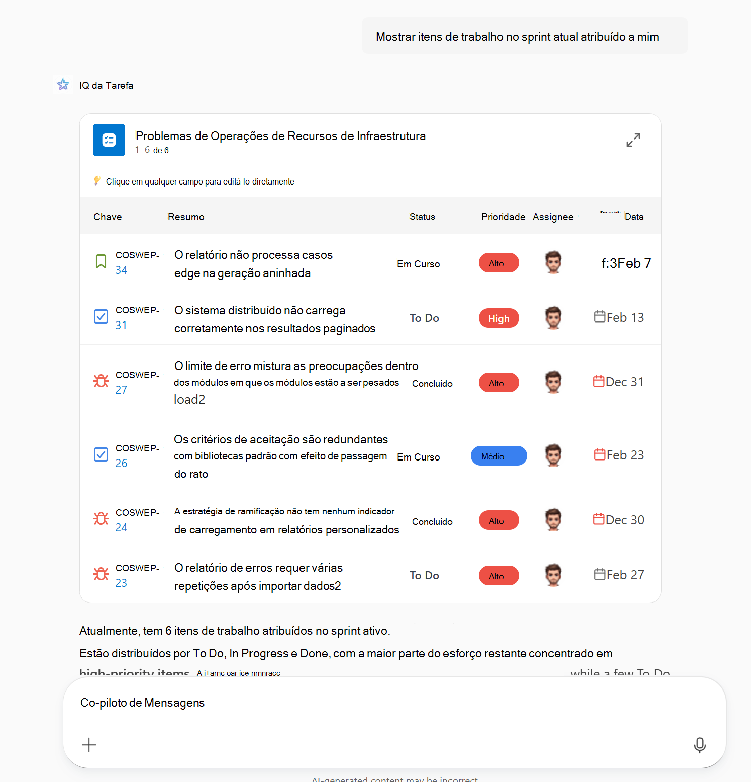 Uma captura de ecrã de uma aplicação MCP a compor um widget de tarefas Sprint inline no Microsoft 365 Copilot