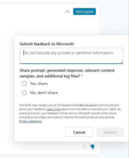 Captura de ecrã do painel Submeter comentários à Microsoft.