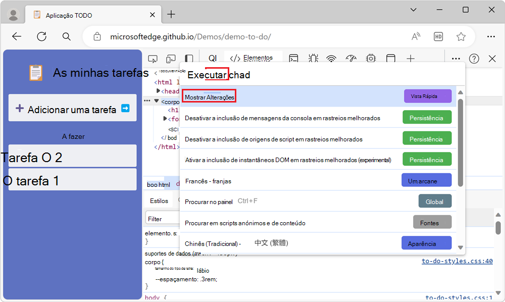 O comando Mostrar Alterações no Menu de Comandos