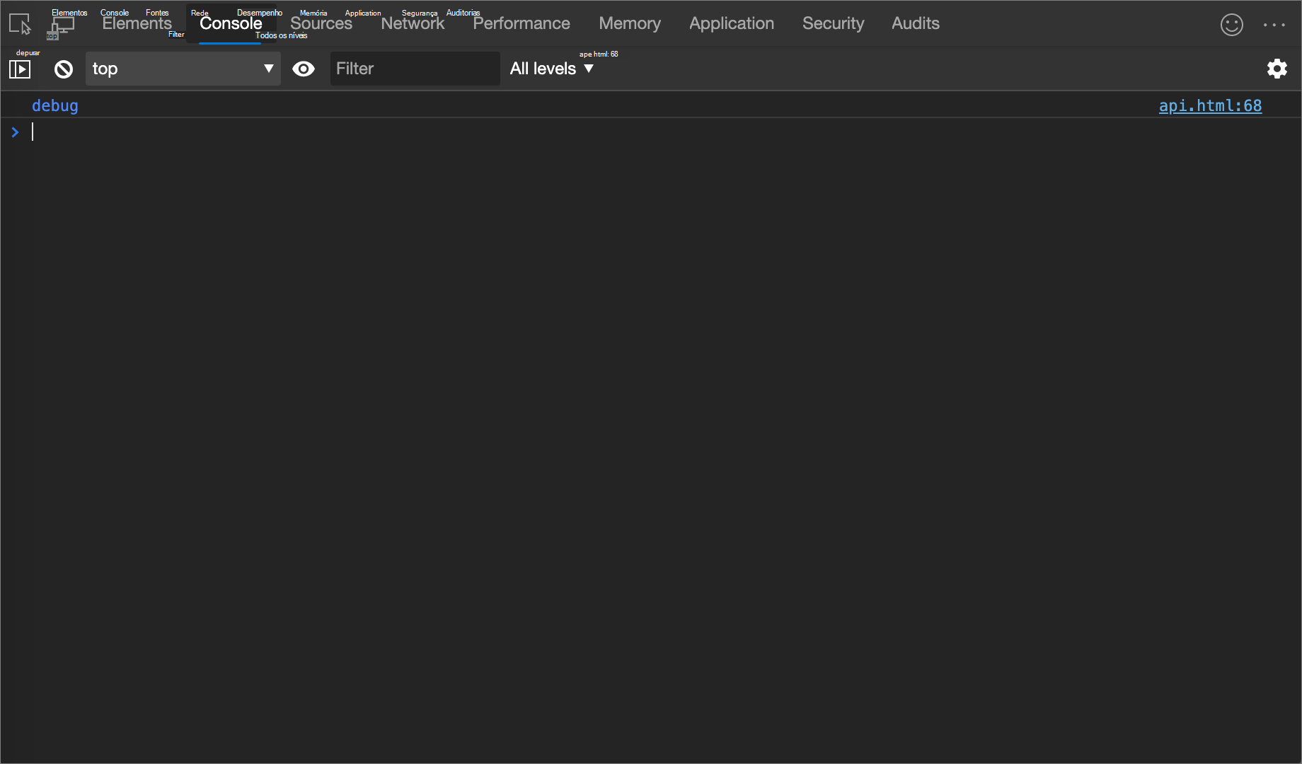 O resultado do exemplo console.debug()