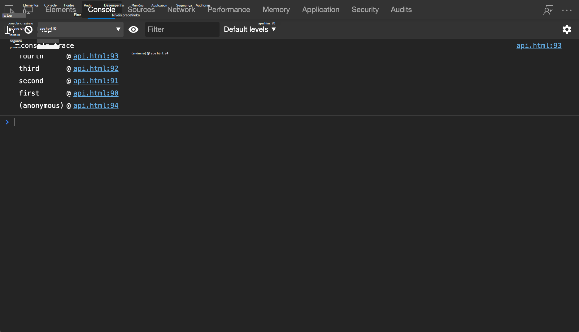 O resultado do exemplo console.trace()