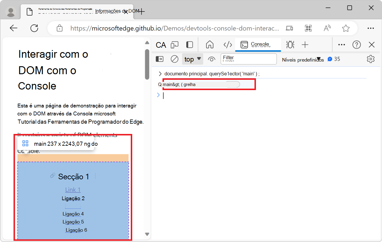 O elemento principal, realçado na página Web composta