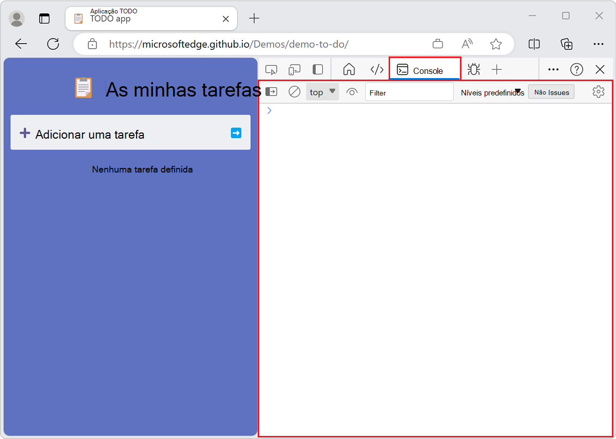 A ferramenta Consola é aberta no painel superior