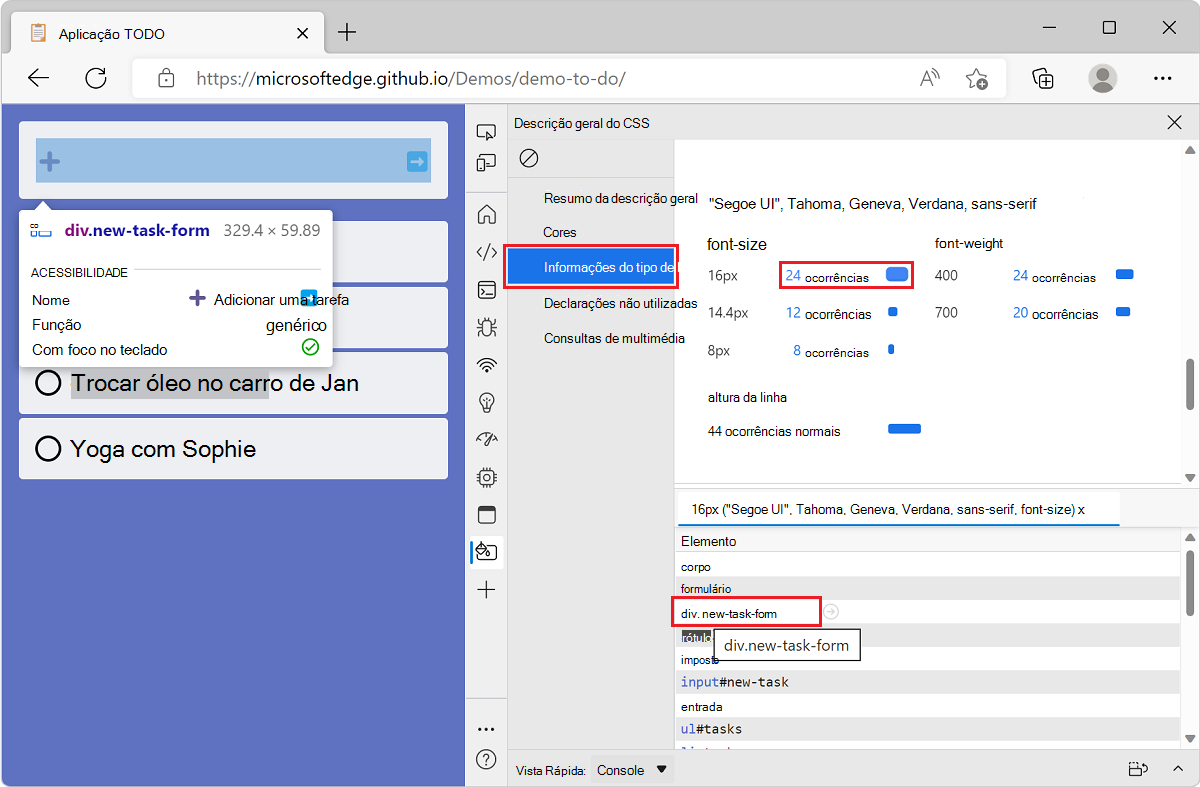 Microsoft Edge, com a aplicação de demonstração LISTA DE TAREFAs e DevTools, a mostrar a lista de elementos para um determinado tamanho de tipo de letra e um elemento realçado ao pairar o rato
