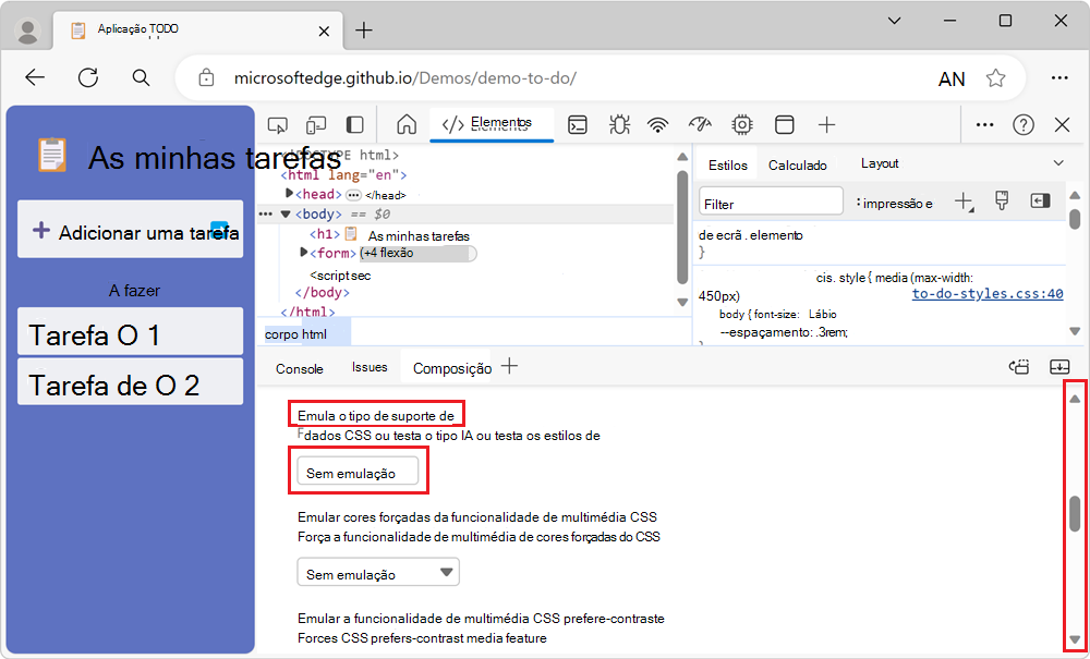 A secção Emular tipo de suporte de dados CSS na ferramenta de Composição