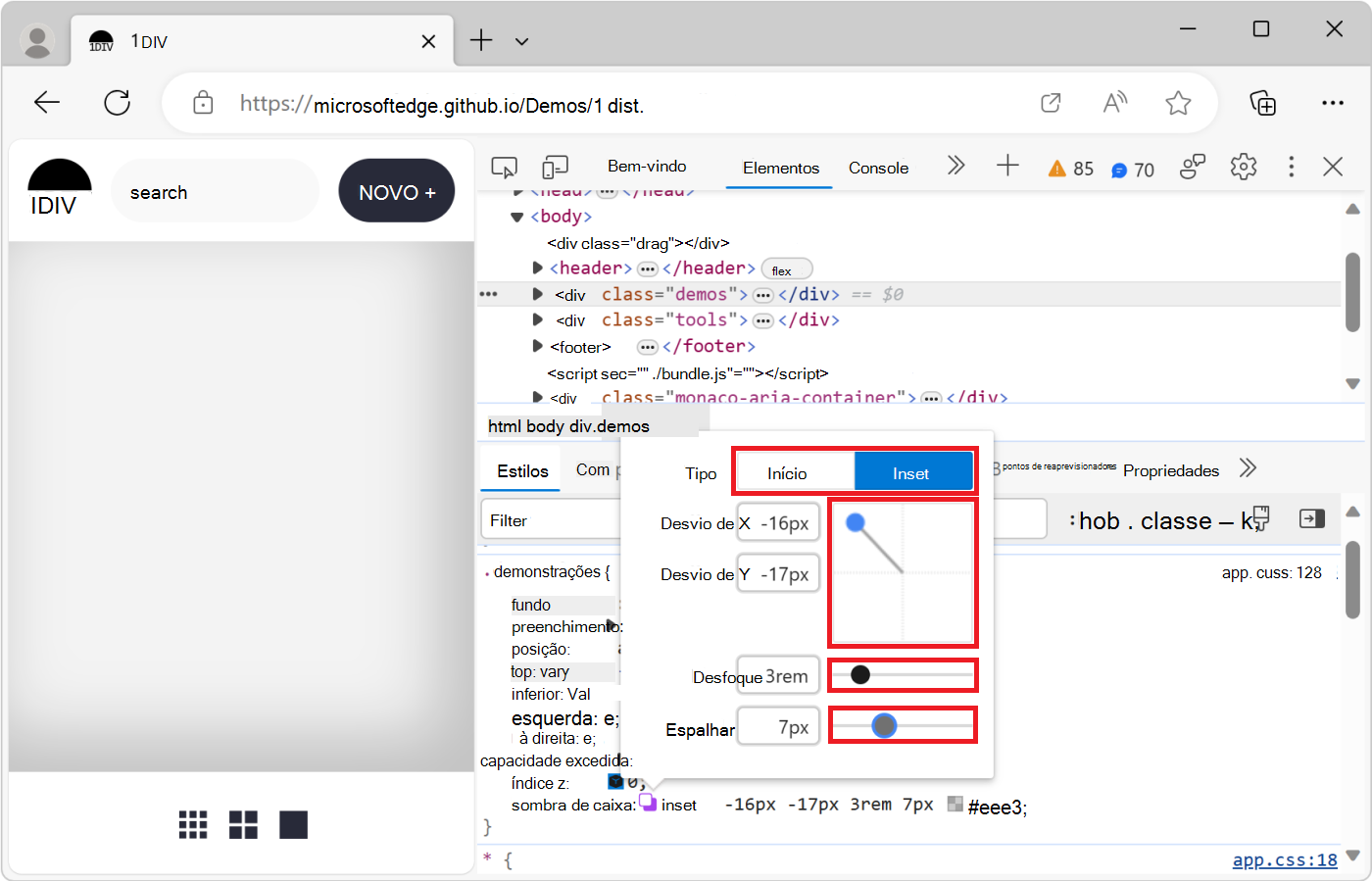 O efeito das alterações efetuadas no Editor sombra