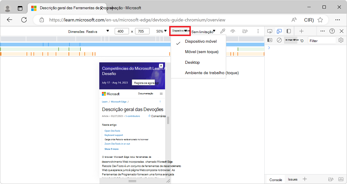 A lista Tipo de Dispositivo