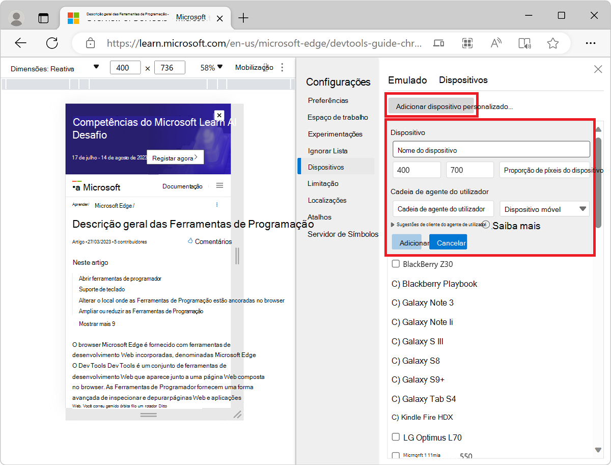 Adicionar um dispositivo personalizado