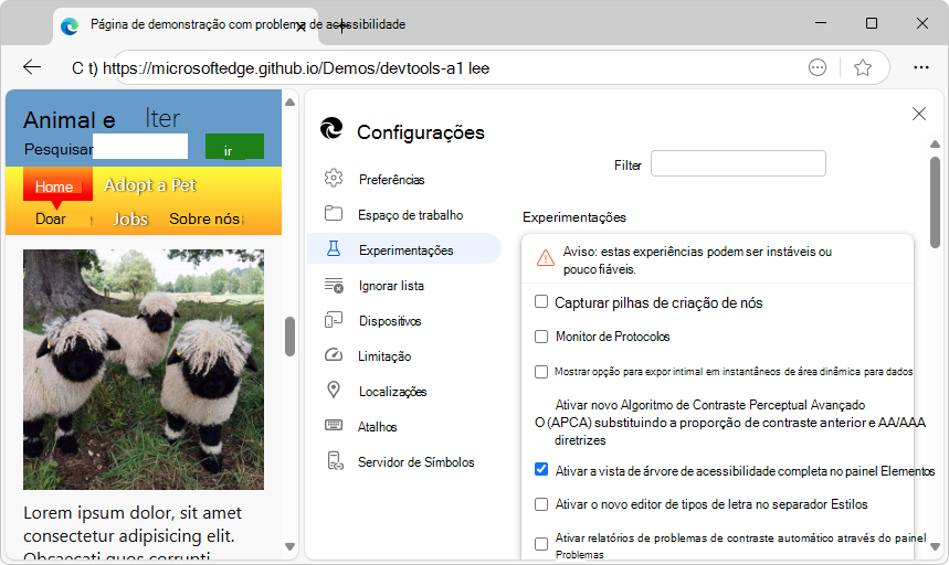 A página Experiments (Experimentações) em Settings (Definições)