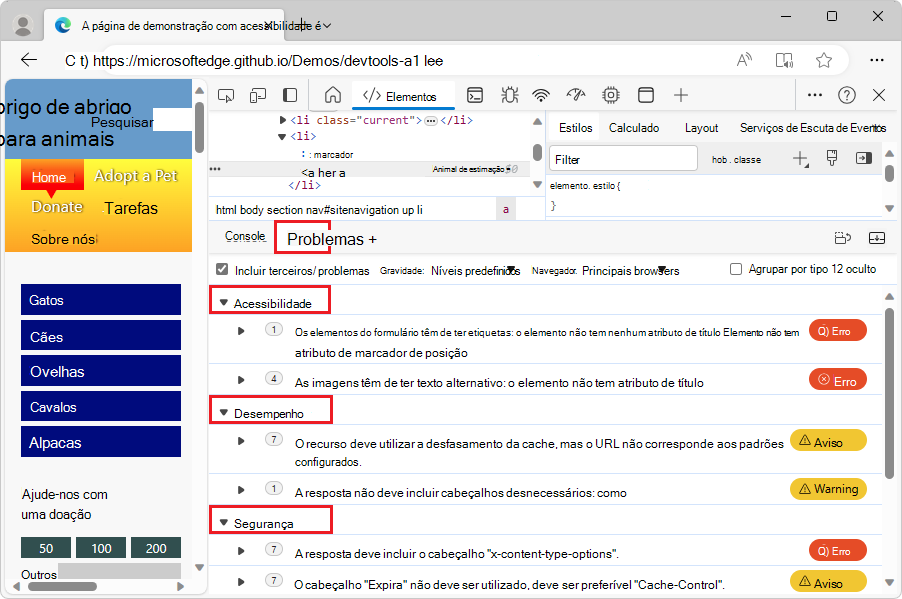Categorias de problemas na ferramenta Problemas na página de demonstração