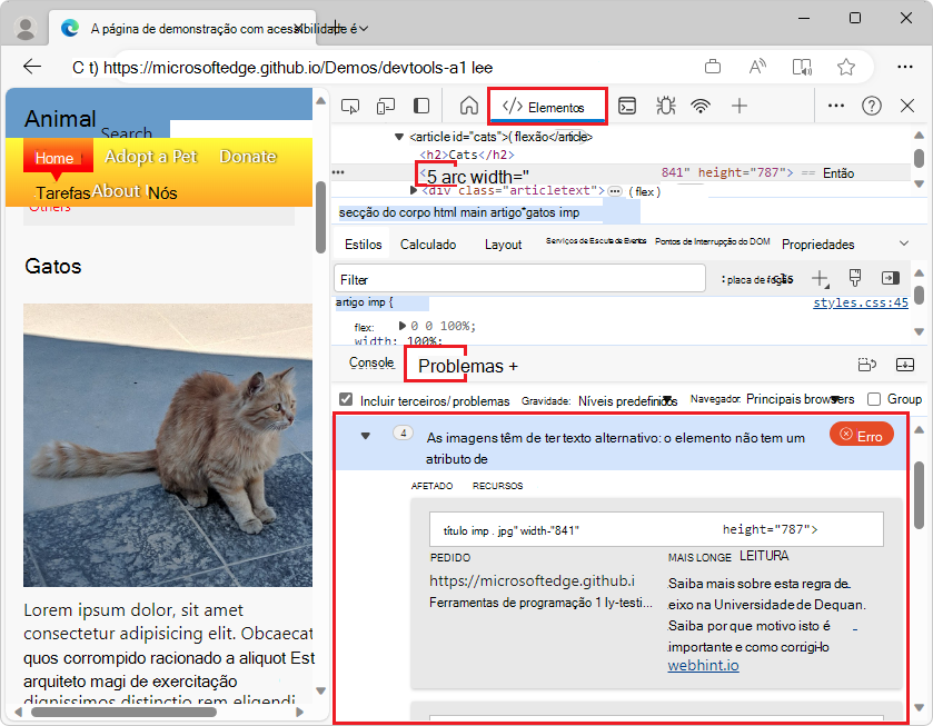Detalhes sobre problemas num elemento sublinhado ondulado na árvore DOM