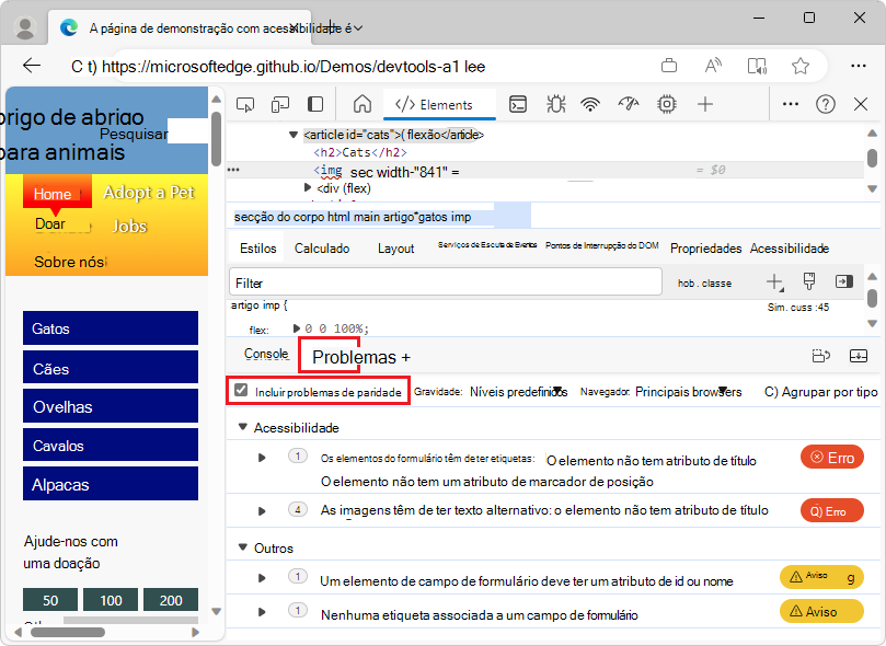 O painel Problemas com a caixa de verificação 