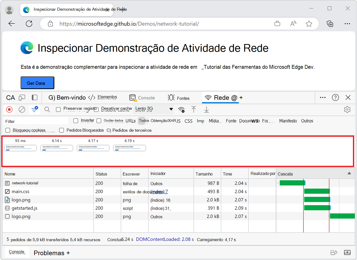 Capturas de ecrã do carregamento da página