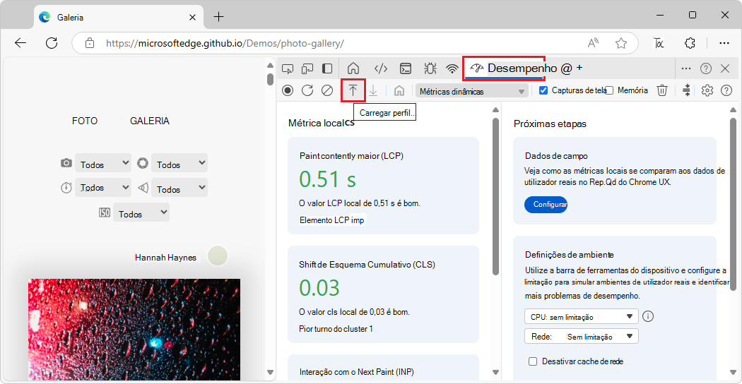 Botão Carregar rastreio através do botão na barra de ação