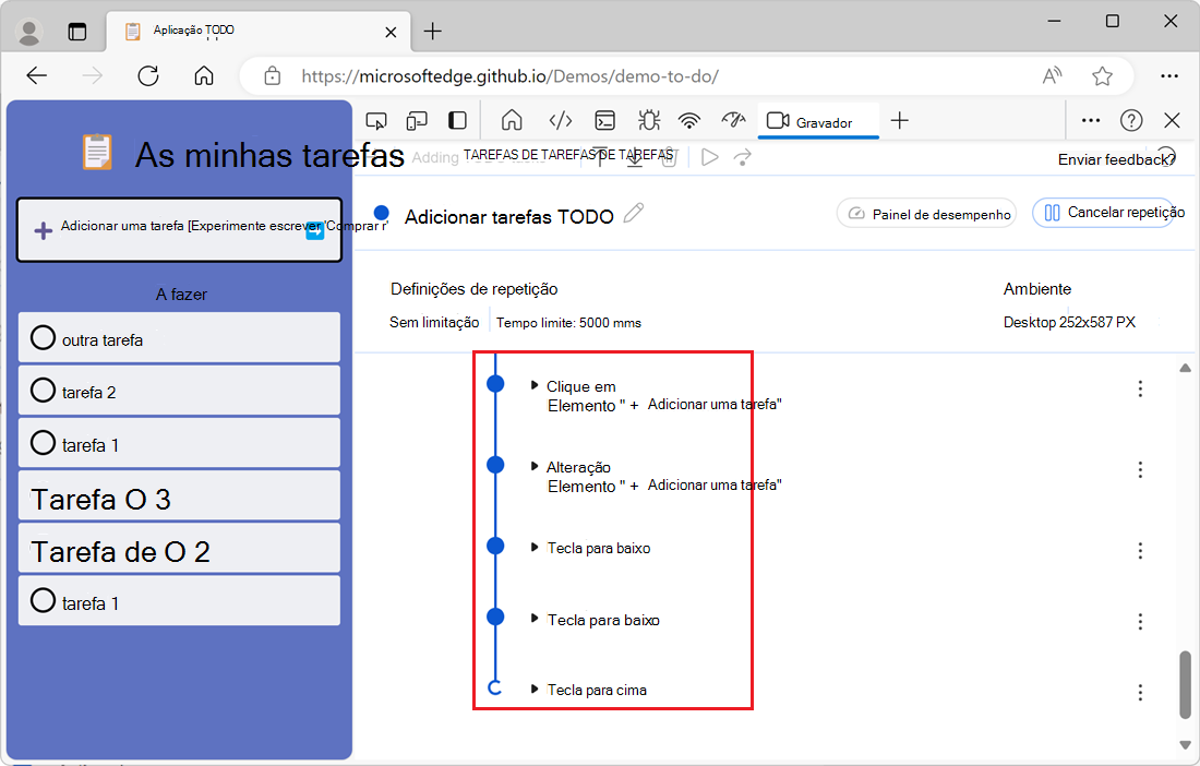 As interações reproduzidas apresentadas como uma animação na ferramenta Gravador