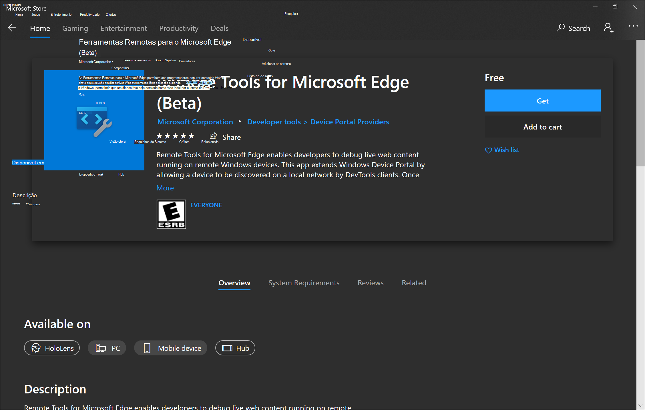 As Ferramentas Remotas para o Microsoft Edge na Microsoft Store