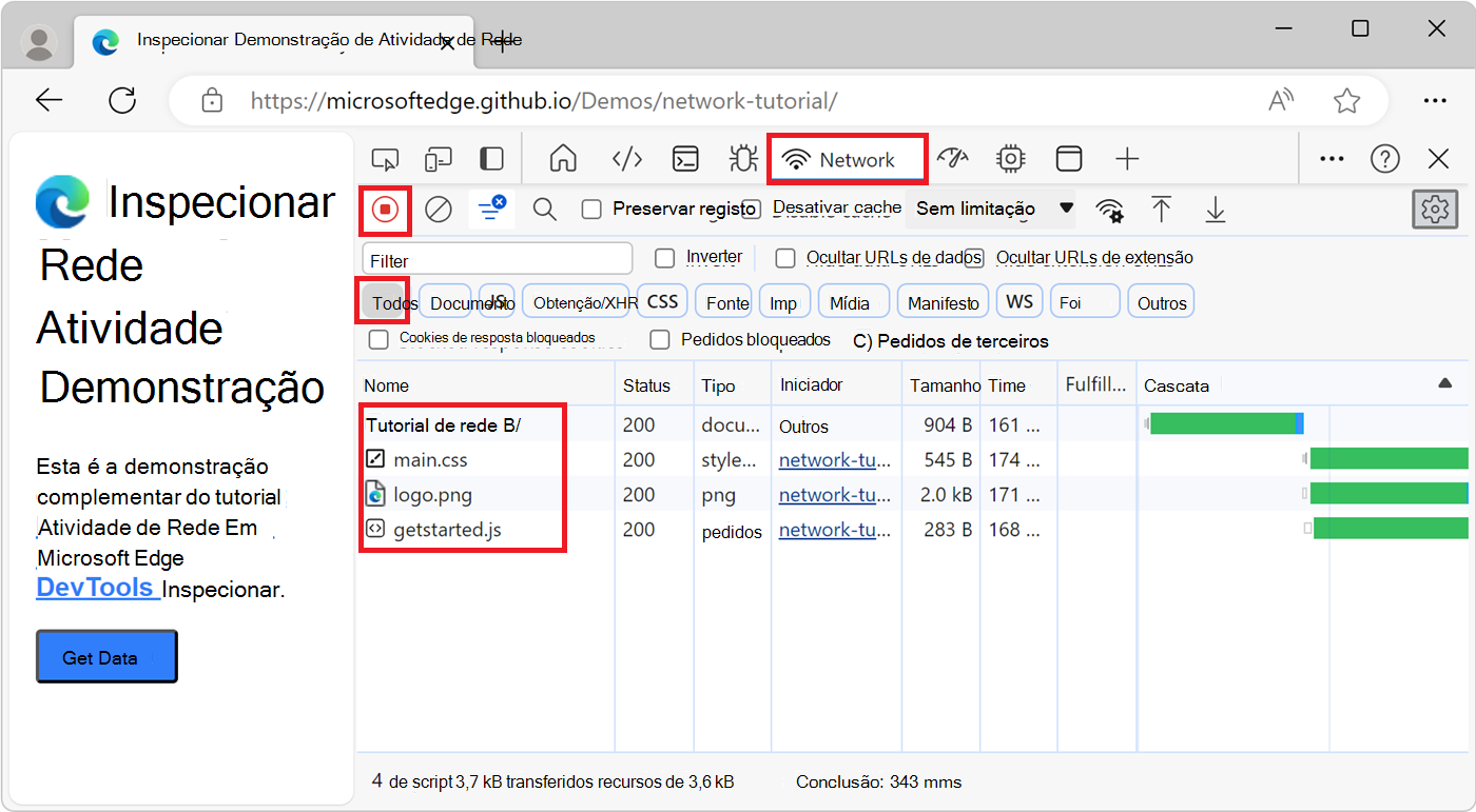 Ficheiros de recursos da página Web listados no Registo de Rede, um ficheiro de recurso por linha