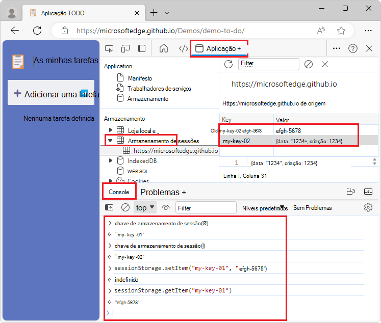 Interagir com sessionStorage a partir da Consola