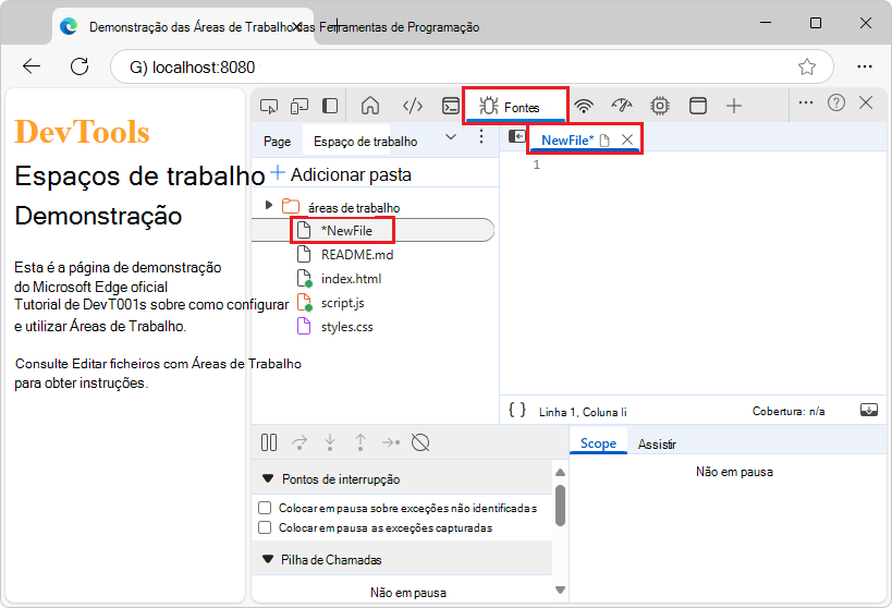 Um novo ficheiro adicionado através do separador Área de Trabalho