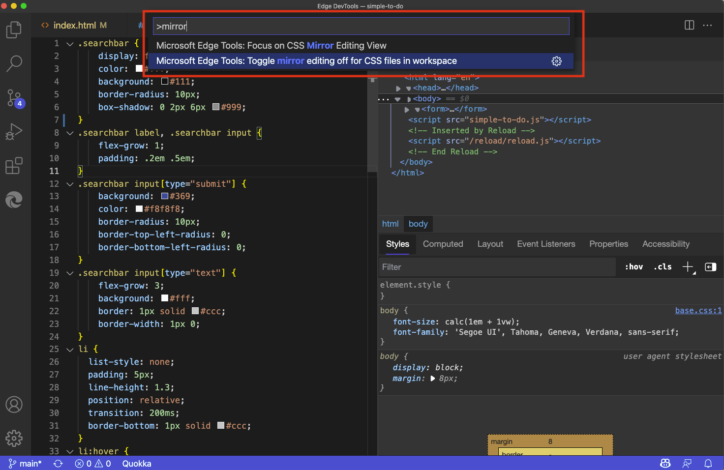 Utilizar o Menu de Comandos para focar o CSS espelho vista de edição e ativar ou desativar a edição do CSS espelho